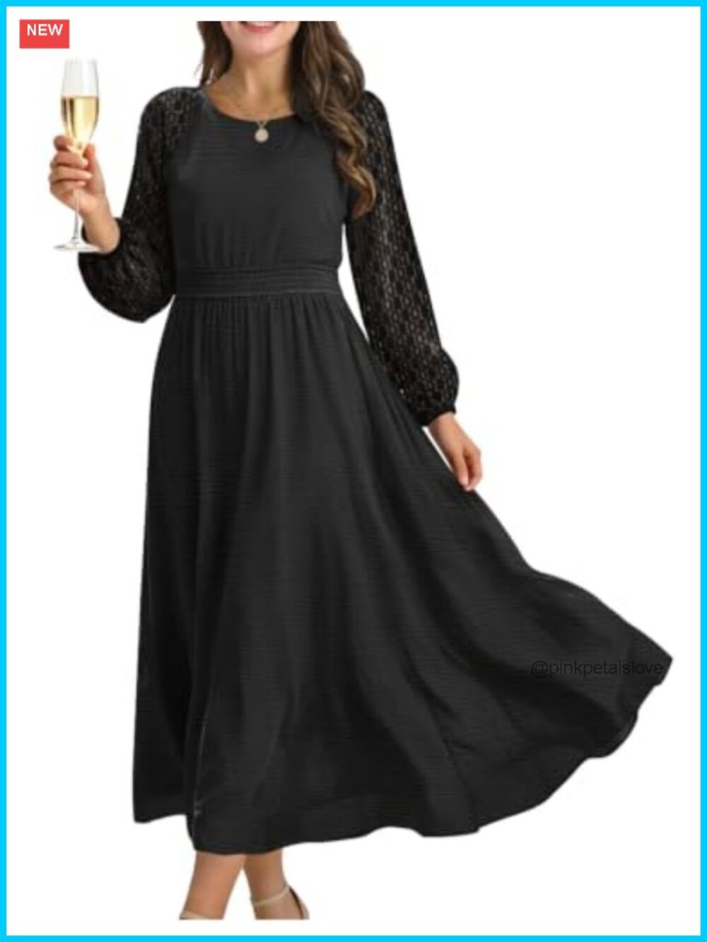 Women's Lace Long Sleeve Fit & Flare Maxi Dress Smocked Waist Pockets